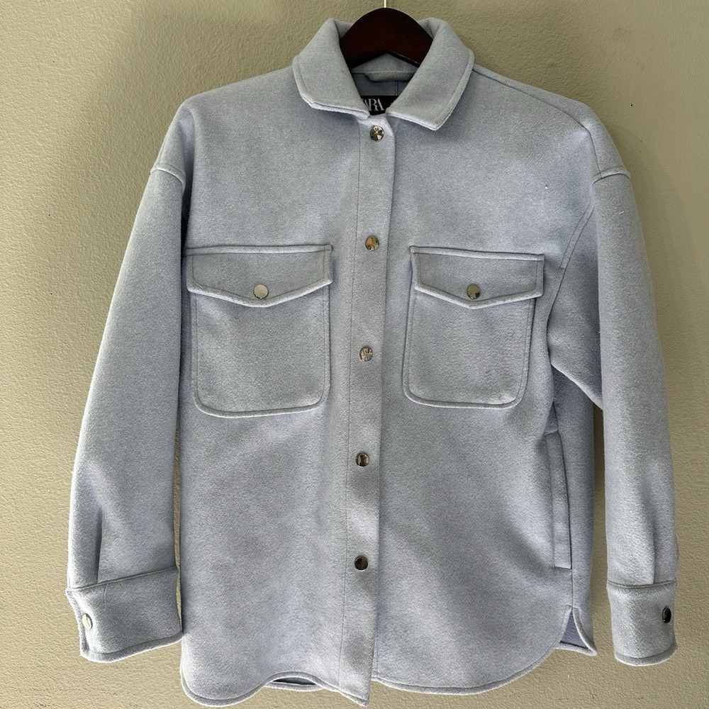 New‎ ZARA Woman Blue Soft Collared Over Jacket Long Sleeves Buttons Size Small